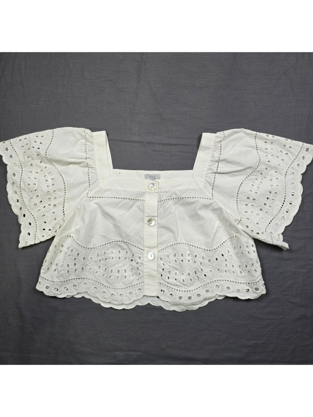 Rails L Crop Embroidered Eyelet Button Front White Top Boho Festival Square Neck